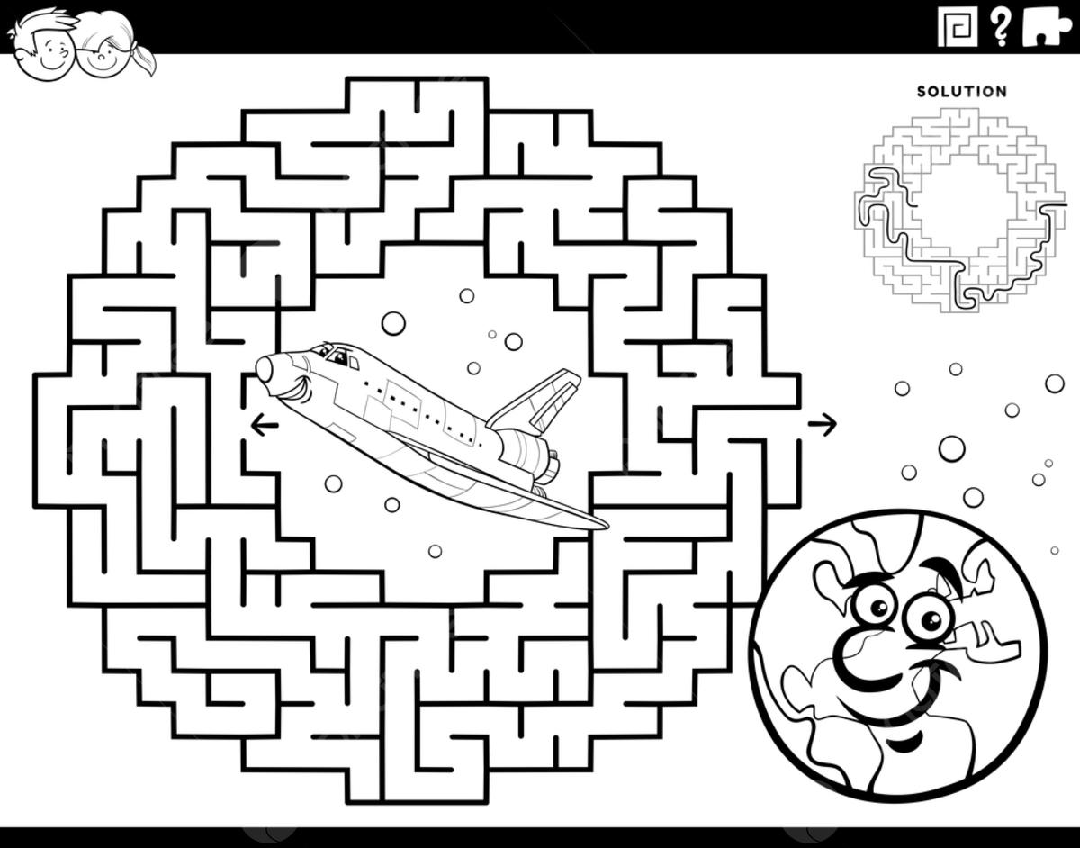 Black and white cartoon illustration of educational maze puzzle game for children with space shuttle and planet earth coloring page template download on