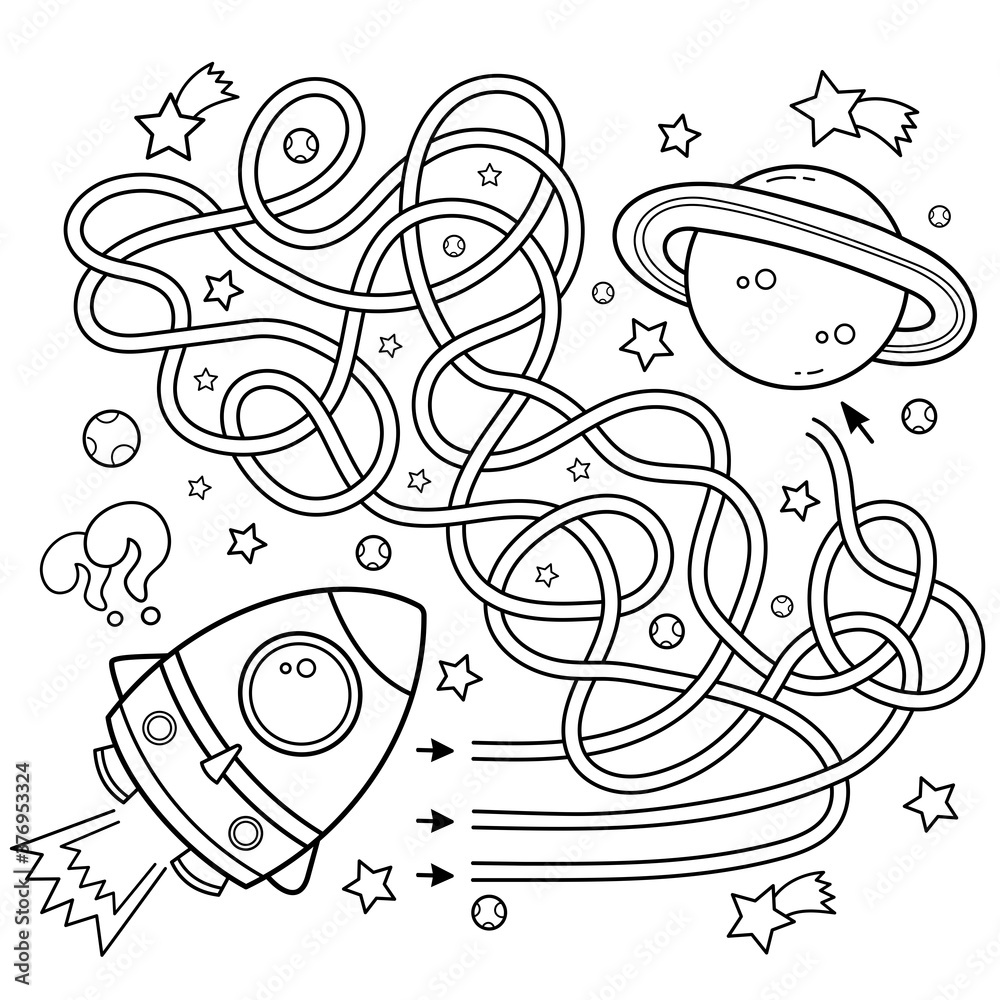 Maze or labyrinth game puzzle tangled road coloring page outline of cartoon rocket in space coloring book for kids vector