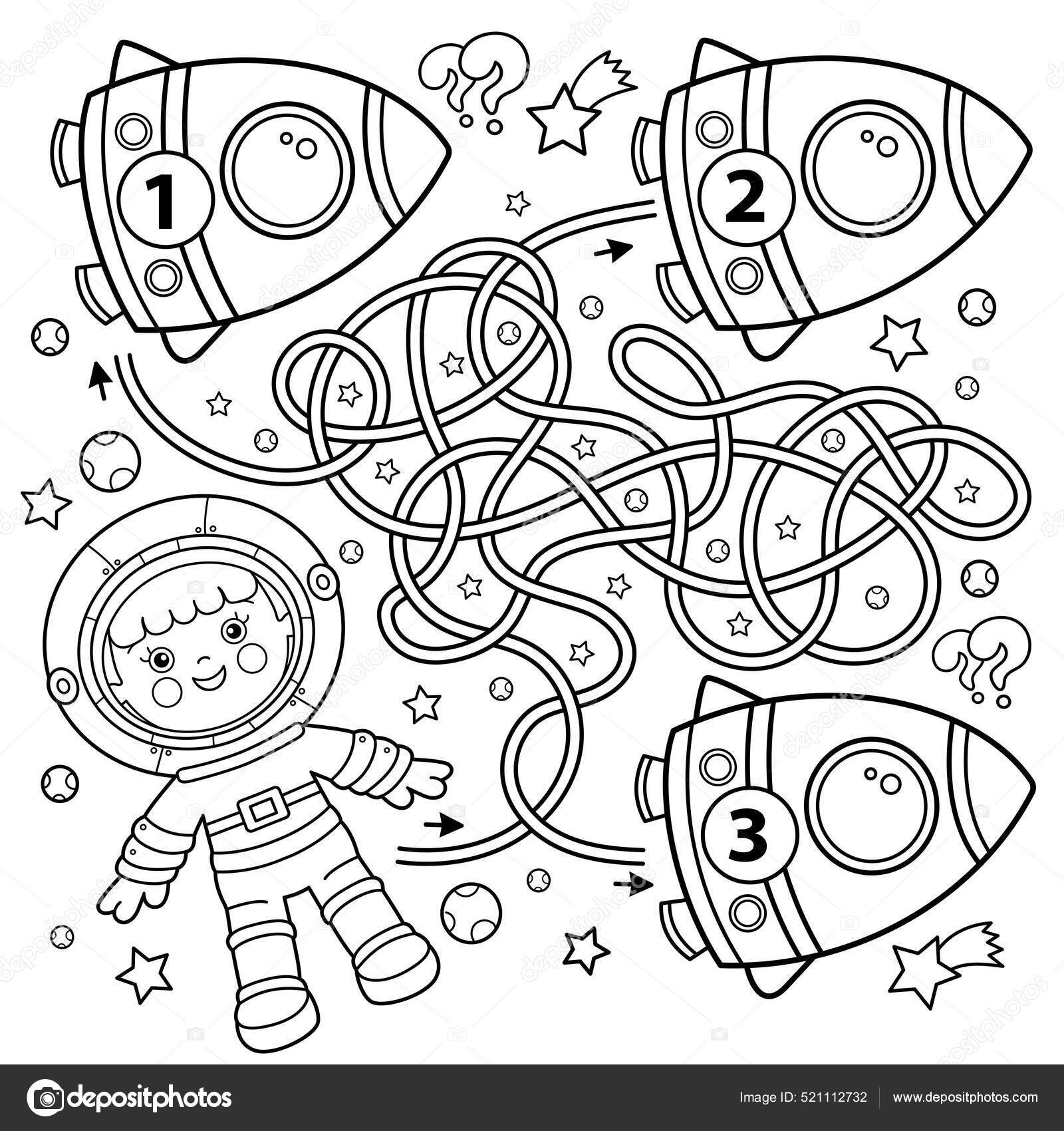 Maze labyrinth game puzzle coloring page outline cartoon astronaut rocket stock vector by oleon