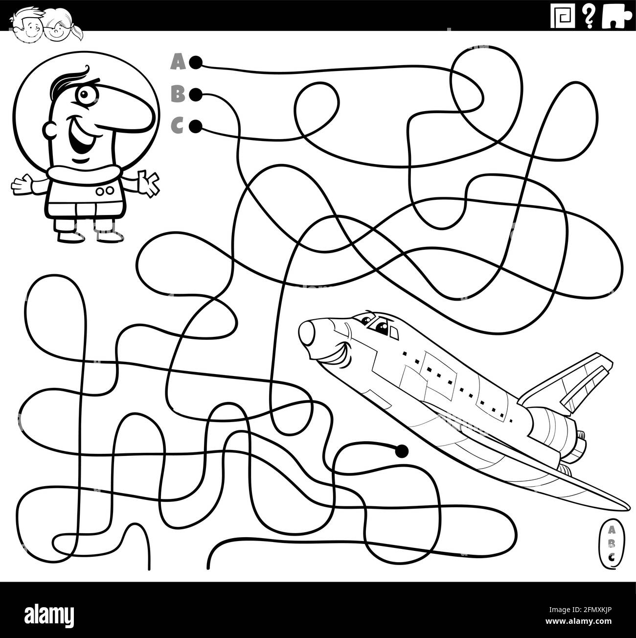 Black and white cartoon illustration of lines maze puzzle game with astronaut character and space shuttle coloring book page stock vector image art