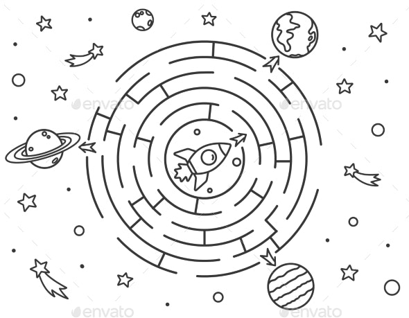 Space maze puzzle or labyrinth game for kids vectors