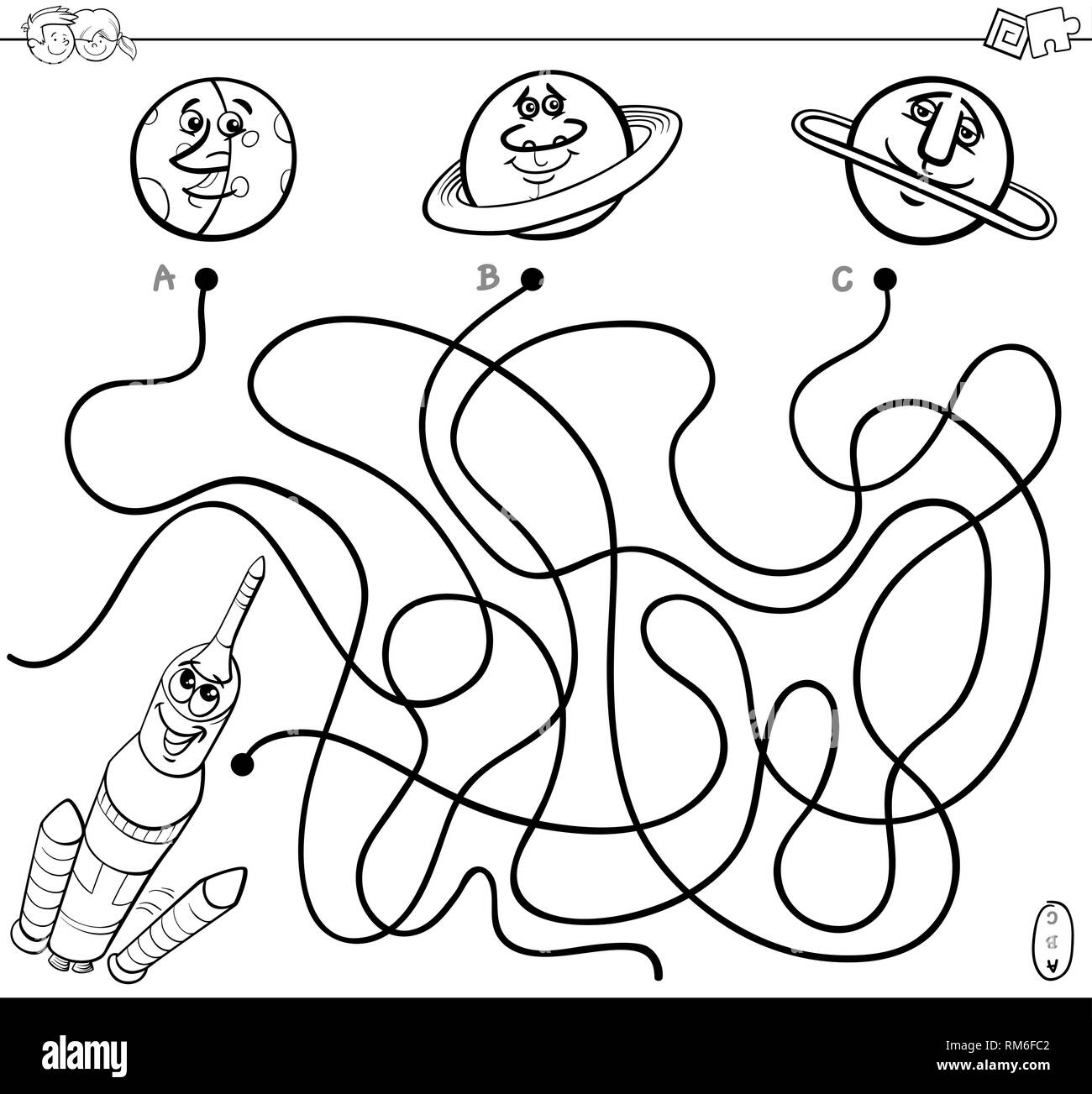 Black and white cartoon illustration of paths or maze puzzle game with space rocket and planets coloring book stock vector image art