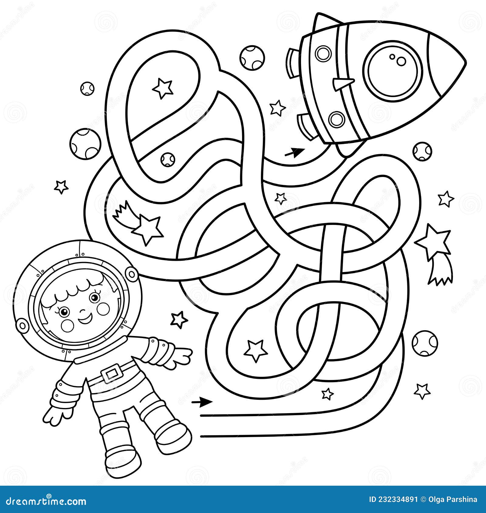 Maze or labyrinth game puzzle coloring page outline of cartoon astronaut with rocket in space little spaceman or cosmonaut stock vector