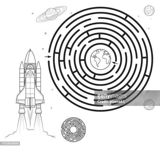 Black and white space maze puzzle or labyrinth game for kids coloring page with tangled road coloring book for kids high