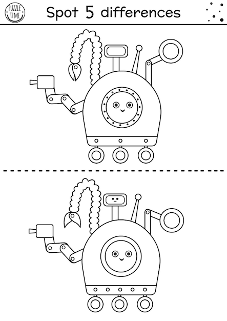 Premium vector space black and white find differences game for children astronomy educational activity with funny moon rover printable worksheet with transport cute coloring page with space technicxa