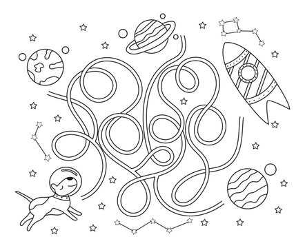 Maze game for preschool children puzzle with tangled road outline coloring page for kids book cute dog in space rocket planets vector illustration vector