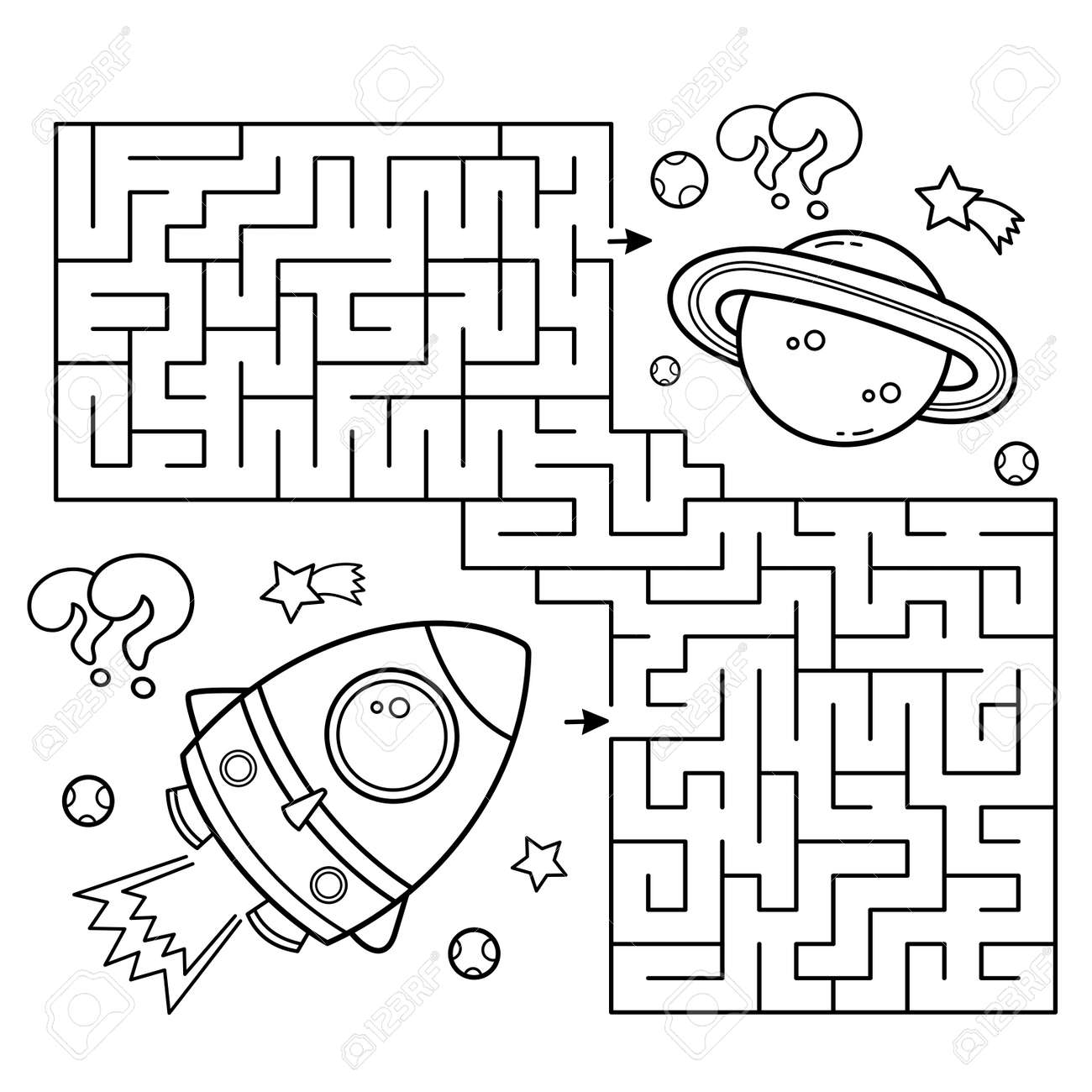 Maze or labyrinth game puzzle coloring page outline of cartoon rocket in space coloring book for kids royalty free svg cliparts vectors and stock illustration image