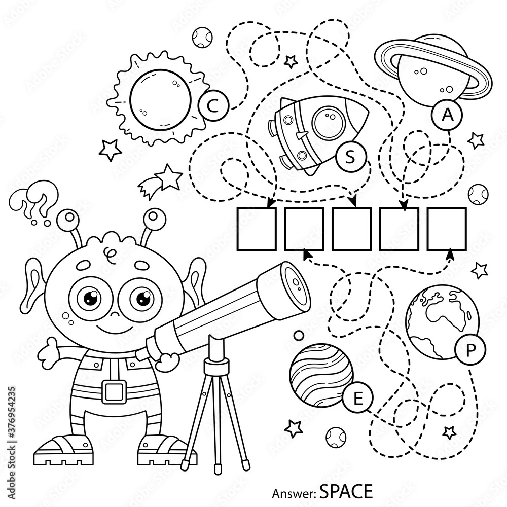 Maze or labyrinth game for preschool children puzzle tangled road coloring page outline of cartoon alien with telescope space coloring book for kids vector