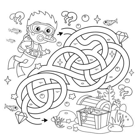 Maze or labyrinth game puzzle tangled road coloring page outline of cartoon boy scuba diver with chest of treasure marine photography or shooting underwater world coloring book for kids