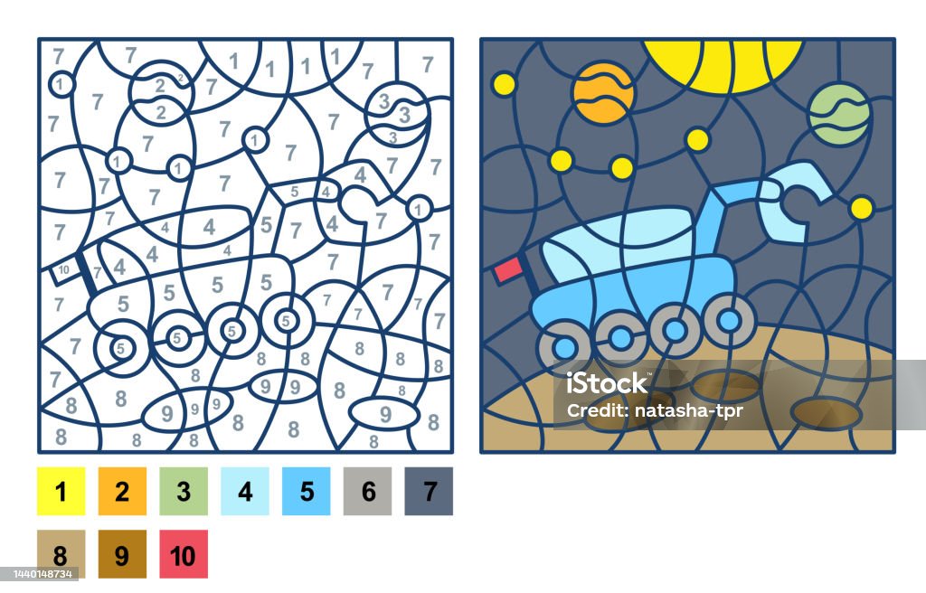 Vector coloring page puzzle game color by number lunar rover mars rover galaxy space stock illustration