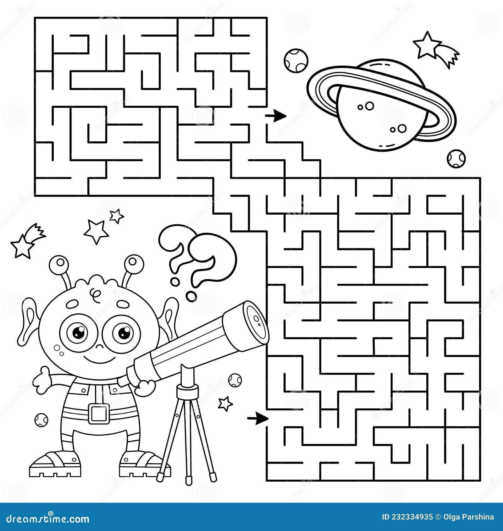 Maze or labyrinth game puzzle coloring page outline of cartoon alien with telescope space stock vector