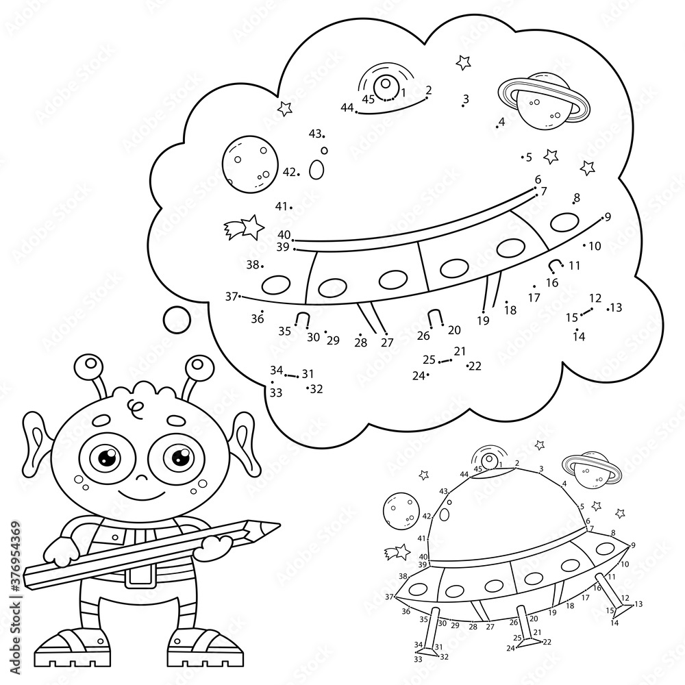 Puzzle game for kids numbers game coloring page outline of cartoon flying saucer with little alien coloring book for children vector