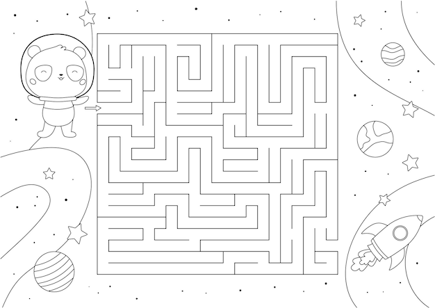 Premium vector coloring page with maze game and cute panda in space