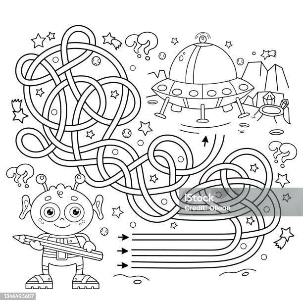 Maze or labyrinth game puzzle coloring page outline of cartoon alien with a flying saucer on a planet in space coloring book for kids stock illustration