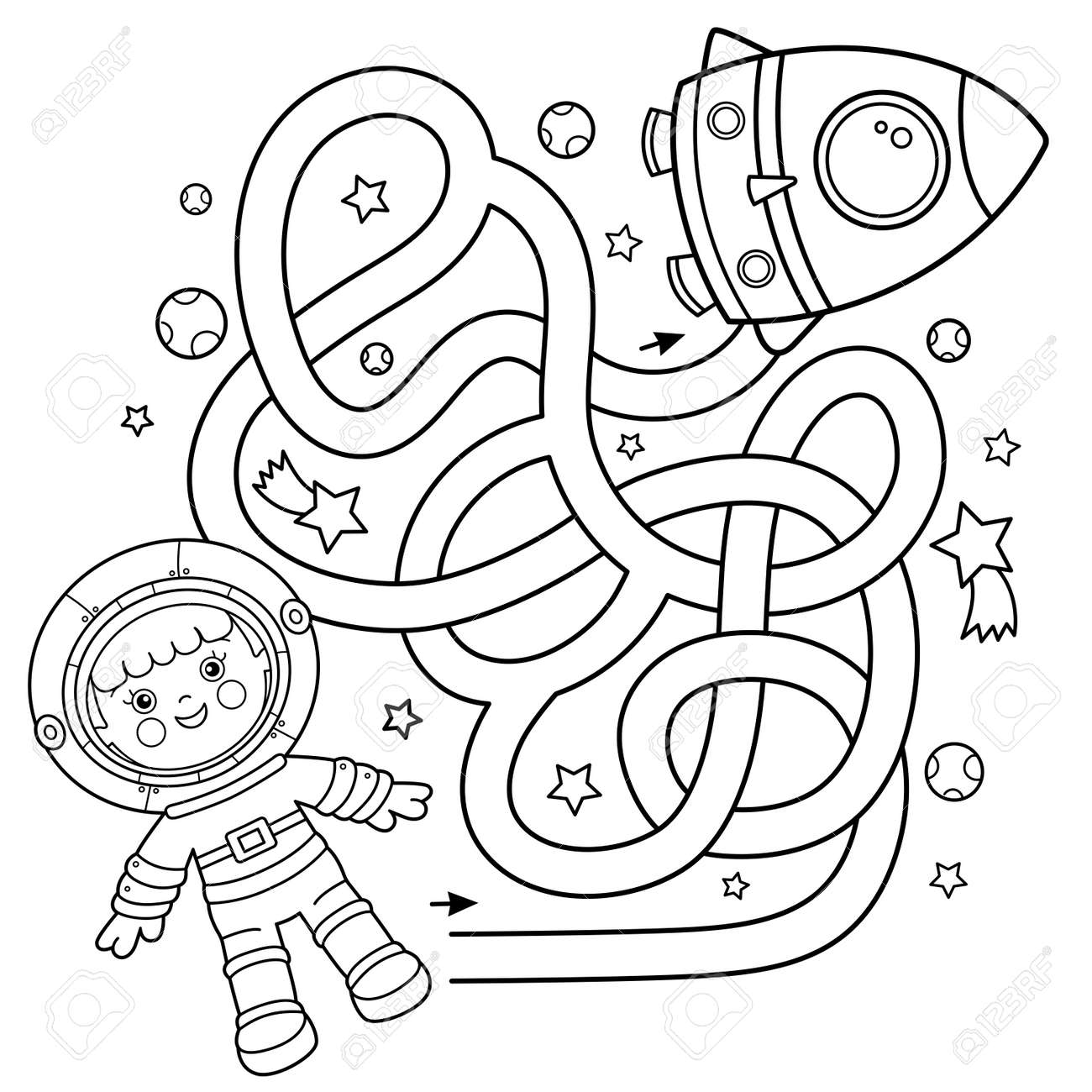 Maze or labyrinth game puzzle coloring page outline of cartoon astronaut with rocket in space little spaceman or cosmonaut coloring book for kids royalty free svg cliparts vectors and stock illustration image