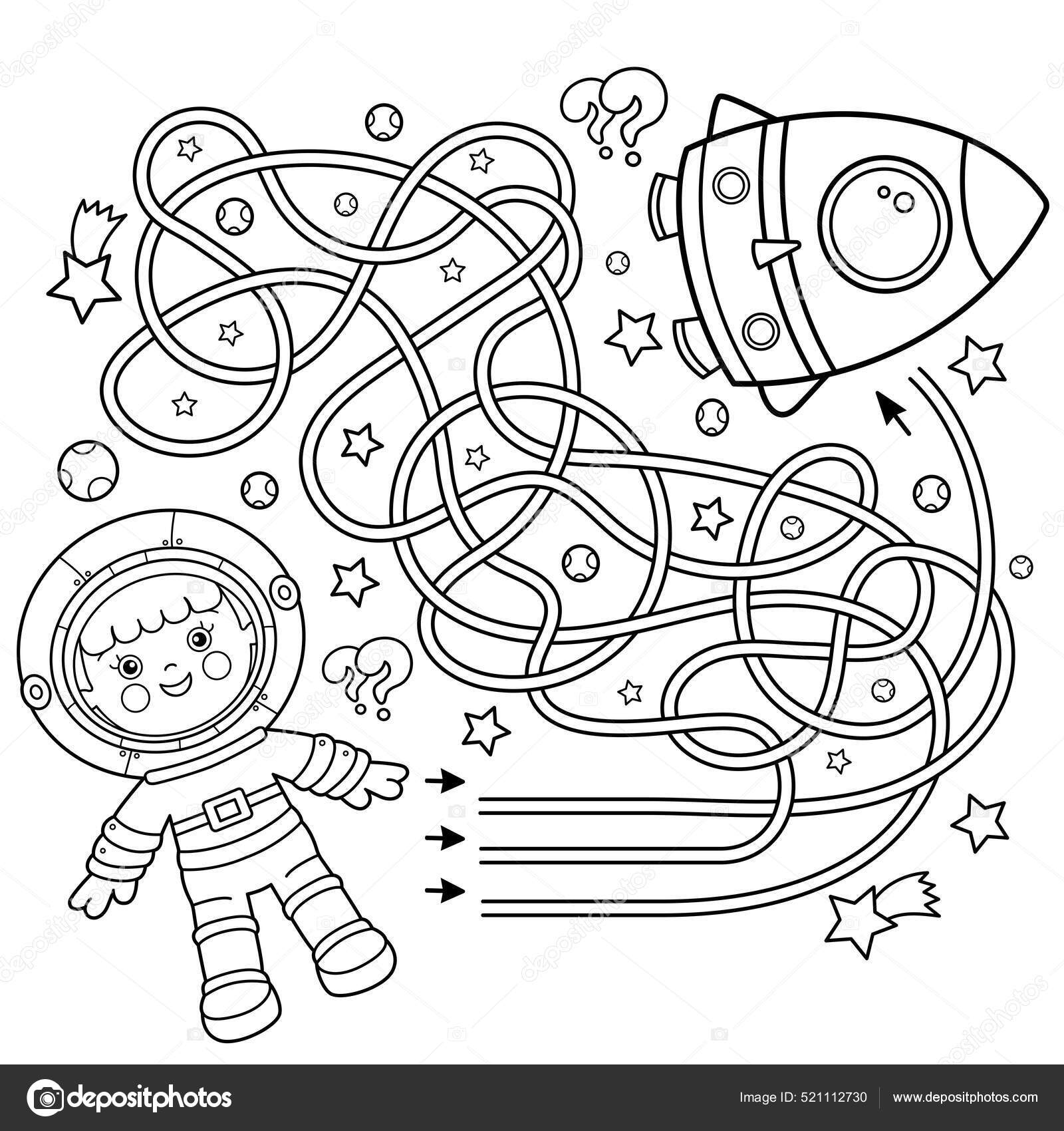 Maze labyrinth game puzzle coloring page outline cartoon astronaut rocket stock vector by oleon