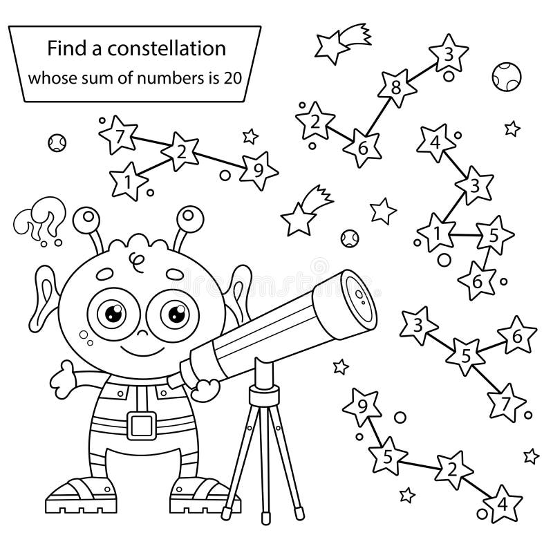 Find a constellation whose sum of numbers is puzzle game coloring page outline of cartoon alien with telescope space stock vector