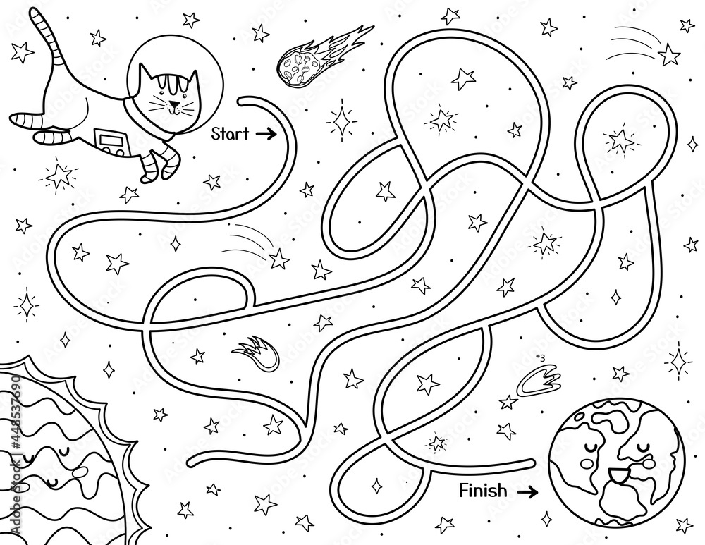 Help a cute cat astronaut find a way to the earth black and white space maze