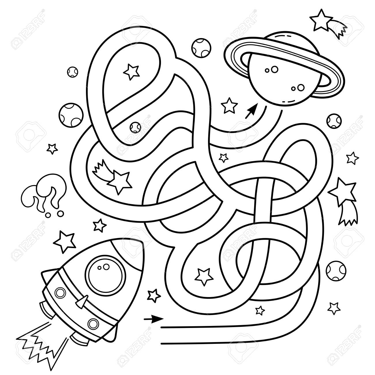 Maze or labyrinth game for preschool children puzzle tangled road coloring page outline of cartoon rocket in space coloring book for kids royalty free svg cliparts vectors and stock illustration image