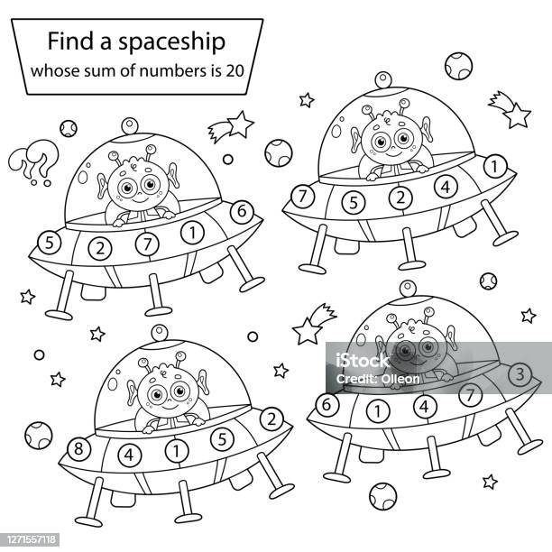 Find a spaceship whose sum of numbers is space puzzle game coloring page outline of a flying saucer with cartoon alien coloring book for kids stock illustration