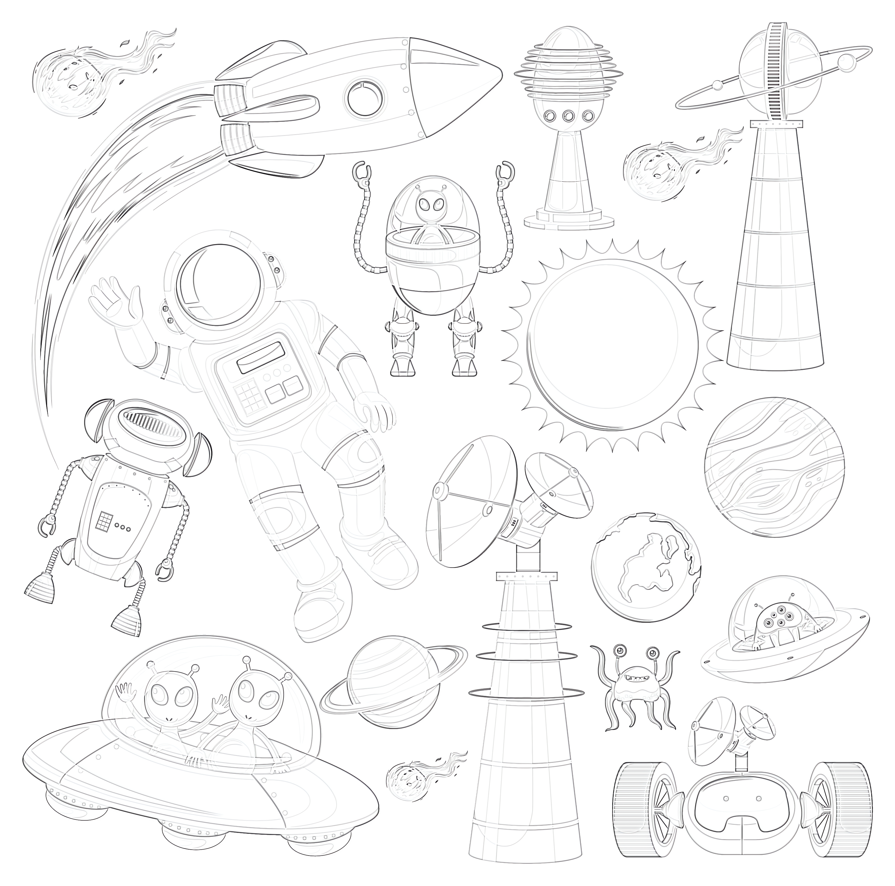 Space objects coloring page