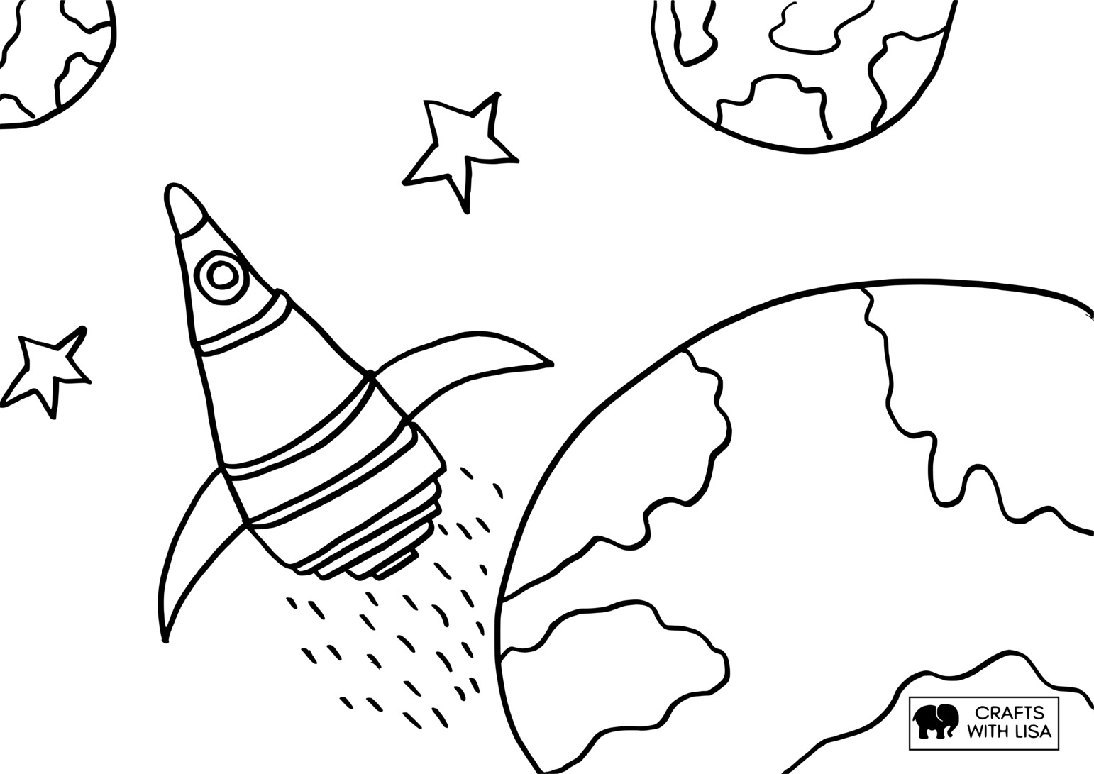 Space rocket and planets coloring page