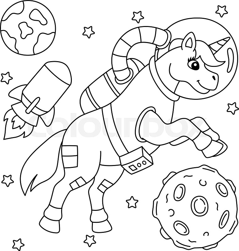 Unicorn astronaut in space coloring page for kids stock vector