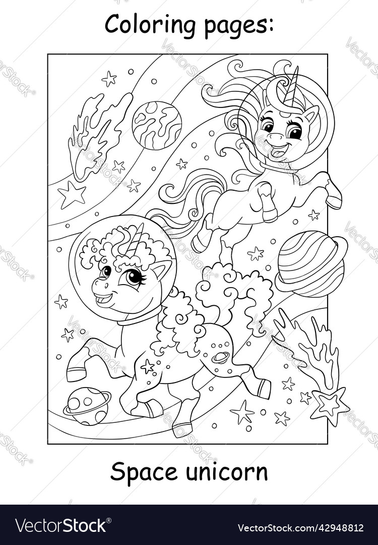 Cute unicorns in space coloring book page vector image
