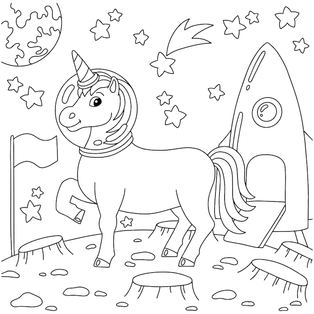 Premium vector astronaut unicorn landed on another planet coloring book page for kids