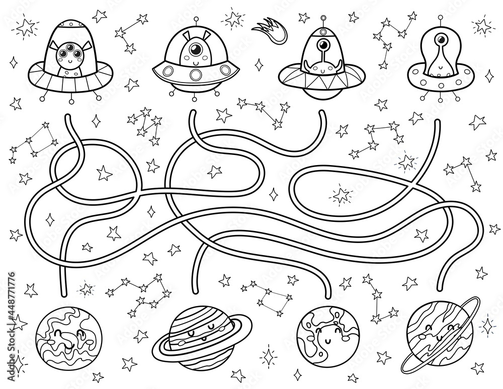 Find the correct way to the planets for each alien in the flying saucers black and