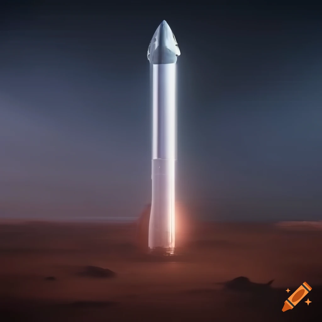 Mm photograph of spacex starship designed by spacex landed on a mars realistic nighttime landscape smoke and dust uhd k unreal render on