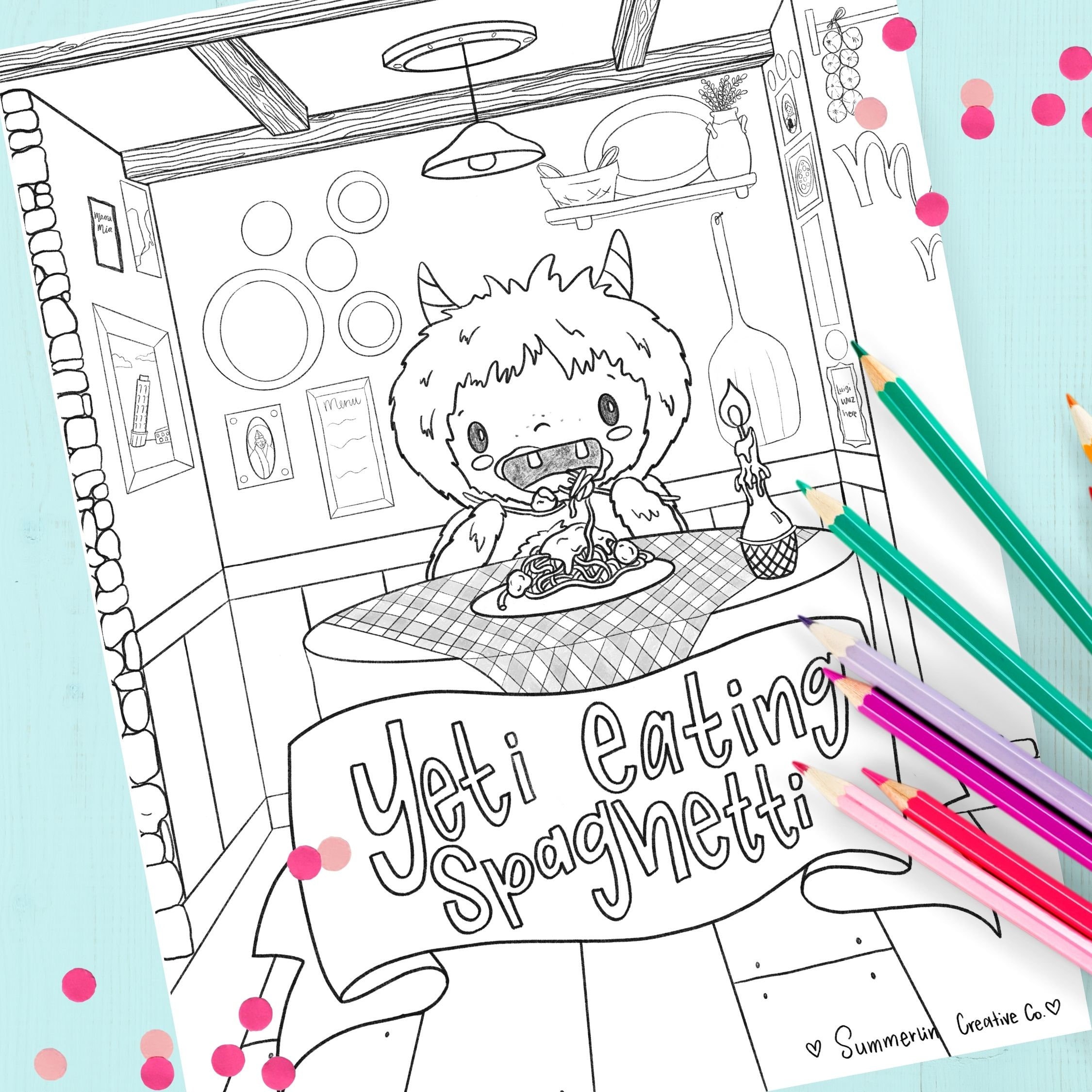 Yeti eating spaghetti coloring page for kids printable coloring sheet