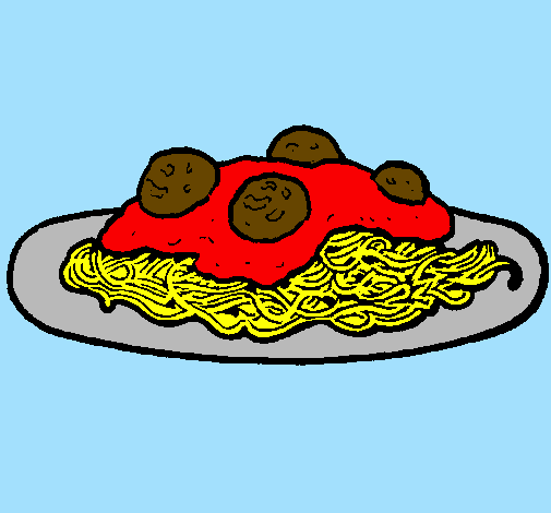 Colored page spaghetti with meat painted by pasta meatballs