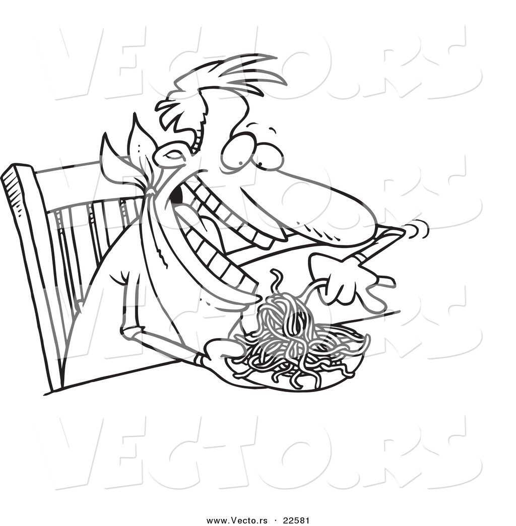 R of a cartoon man eating spaghetti at a table