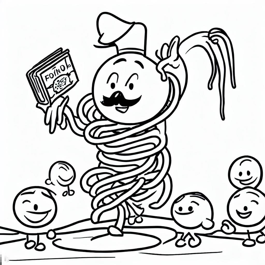 Dancing spaghetti preaching religion to a group of meatballs coloring book rweirddalle