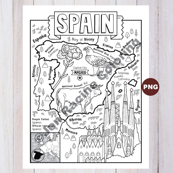 Spain coloring page geography of europe digital download coloring page