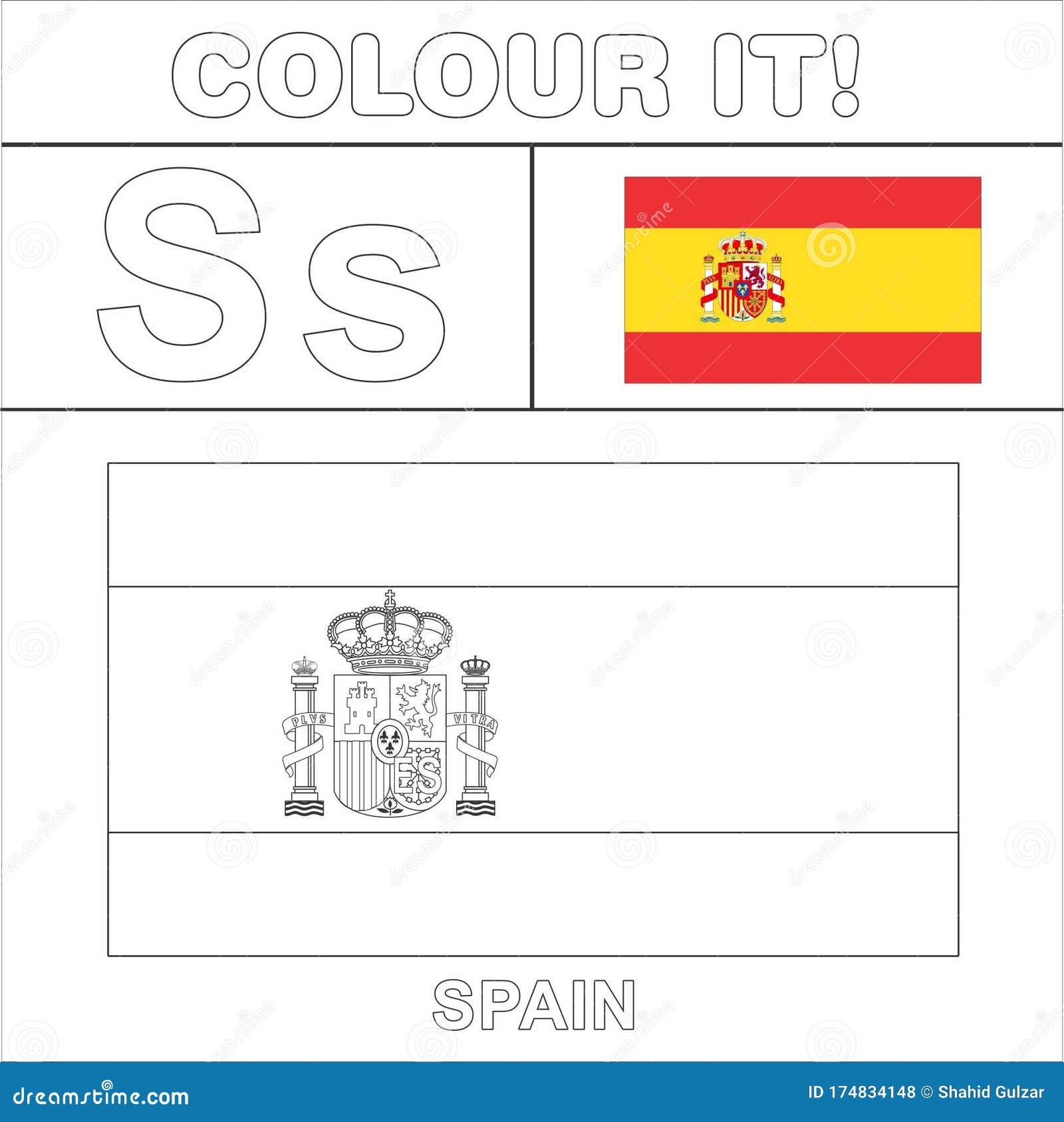 Colour it kids colouring page country starting from english letter s spain how to color flag stock illustration