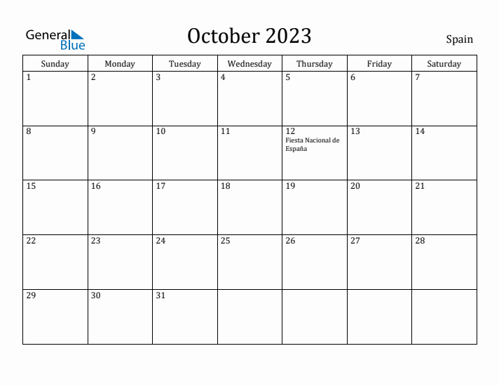 October monthly calendar with spain holidays