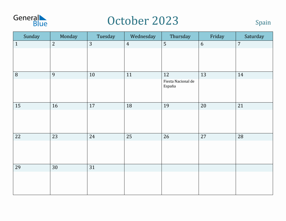Spain holiday calendar for october