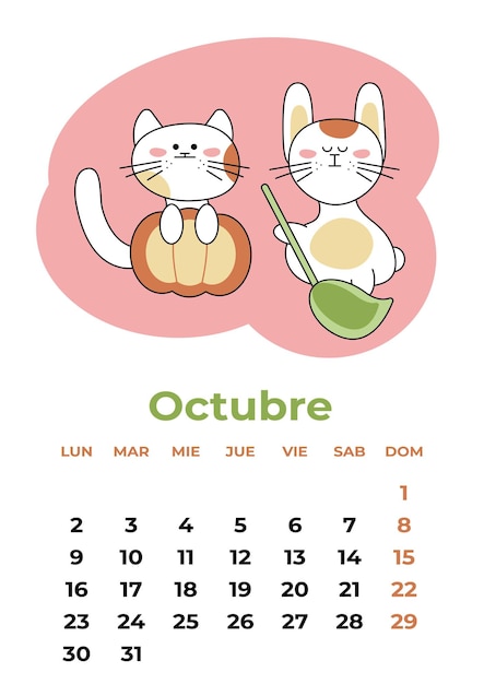 Premium vector october octubre calendar sheet in spanish with symbols of the year with pumpkin and broom