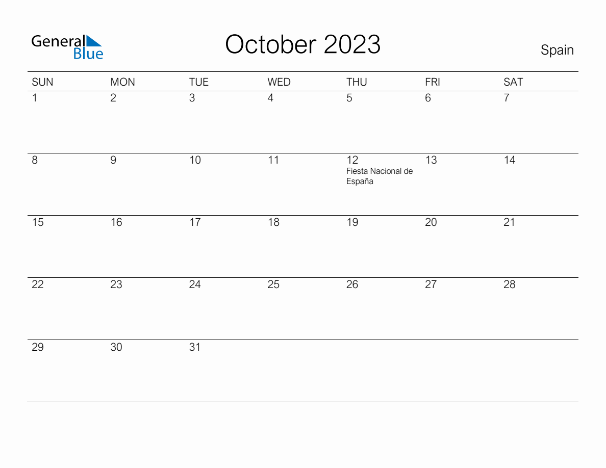 Printable october monthly calendar with holidays for spain