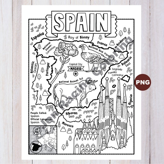 Spain coloring page geography of europe digital download coloring page