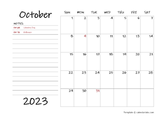 October printable calendar