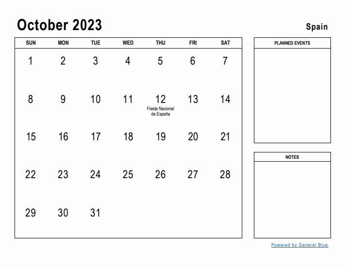 October monthly calendar with spain holidays