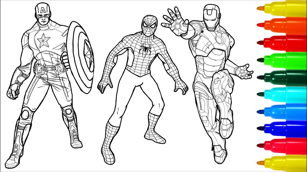 Spiderman captain america iron man coloring pages colouring pages for kids with colored markers