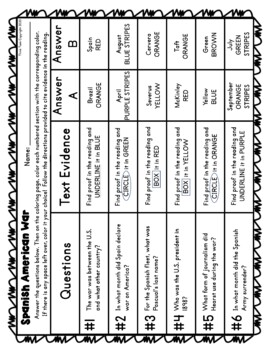 Spanish american war color by number reading passage