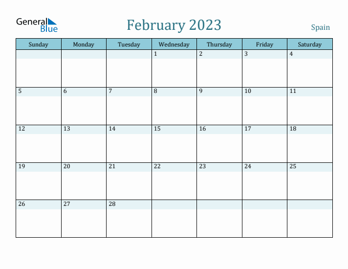 February monthly calendar with spain holidays