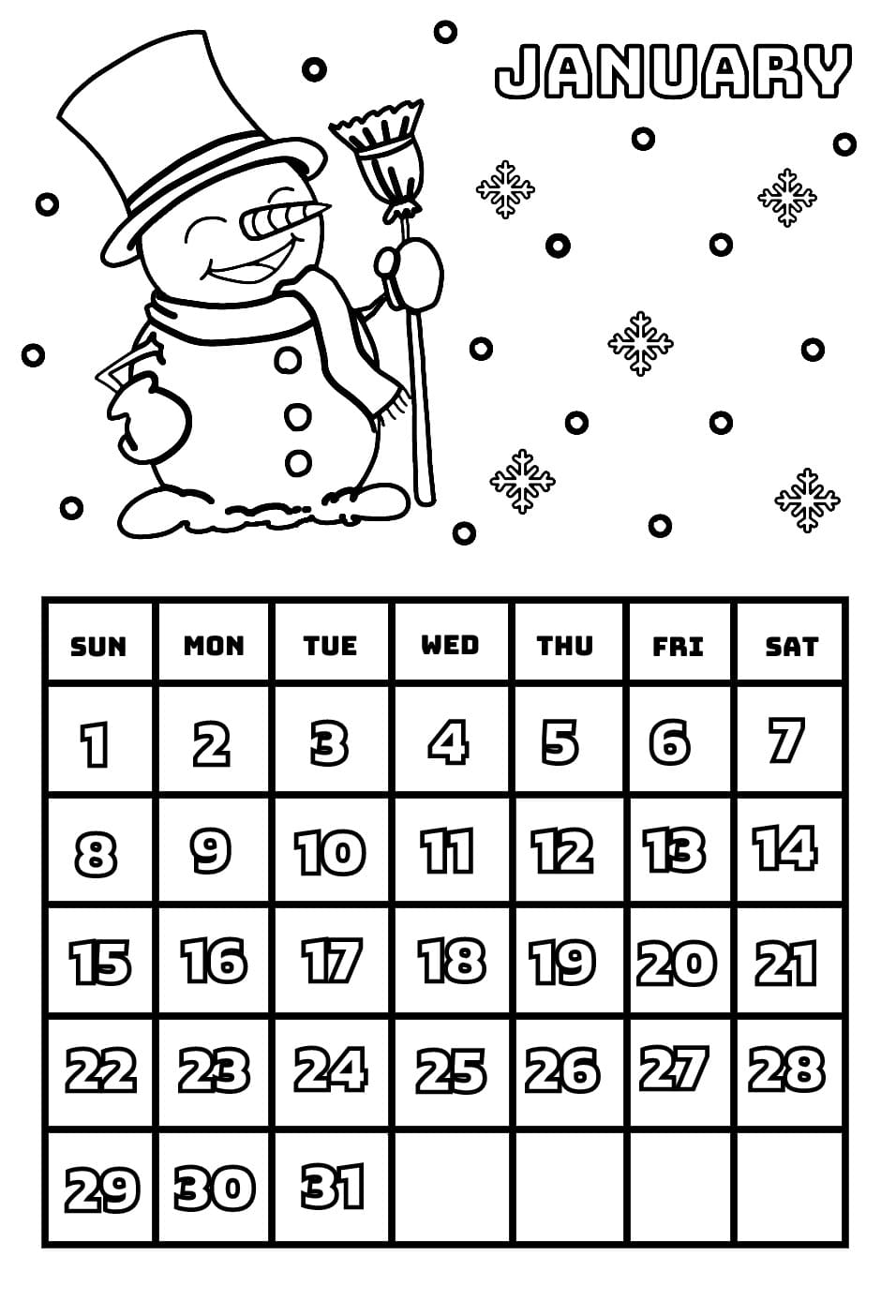 January calendar coloring page