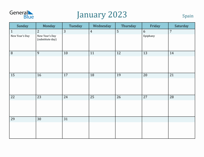 January monthly calendar with spain holidays