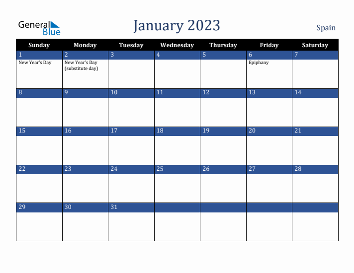 January monthly calendar with spain holidays